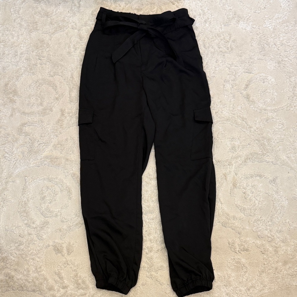High-Waist Black Fancy Cargo Dress Pants with Tie Waist